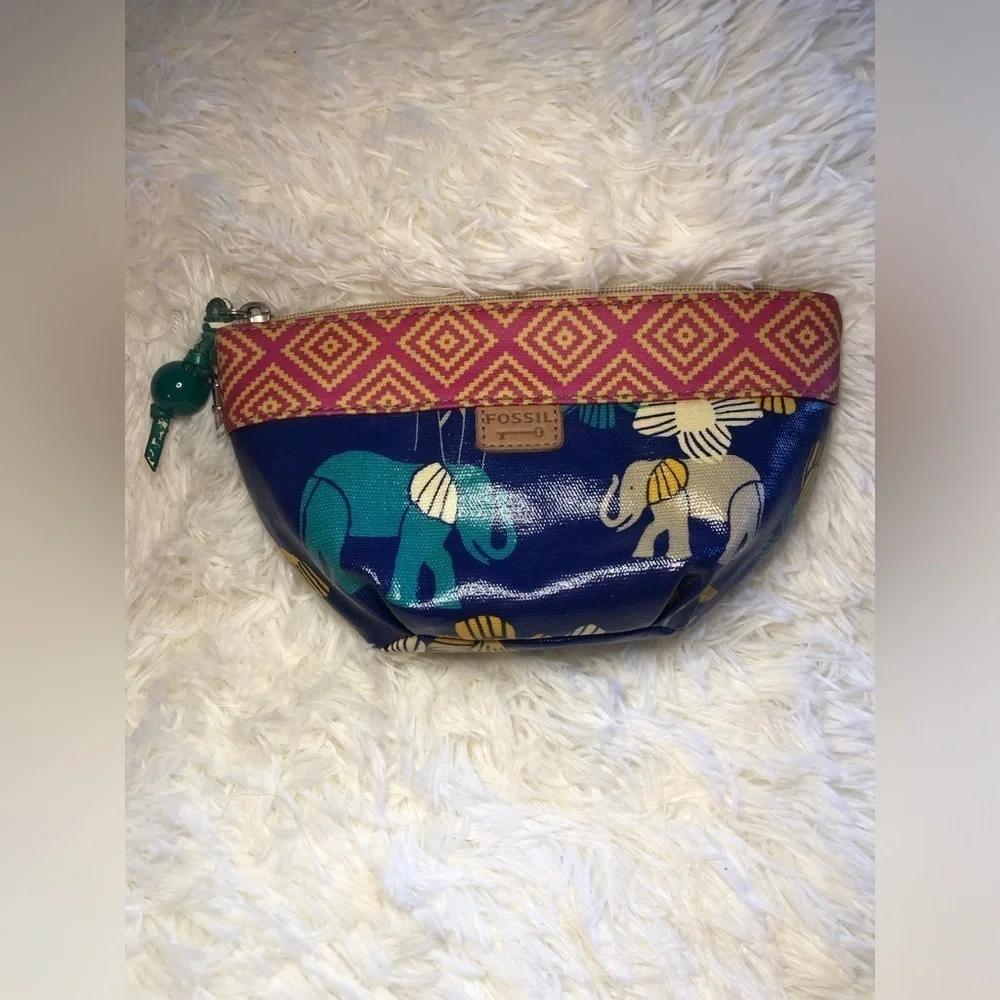 Fossil Blue Elephant Pattern Pouch with Pink Trim